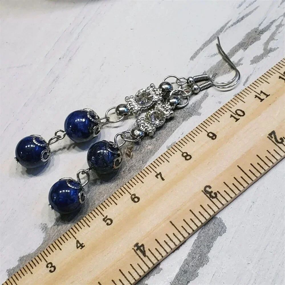 Handcrafted Lapis Lazuli Gemstone Lacy Silver Clear Crystal Dangle Earrings